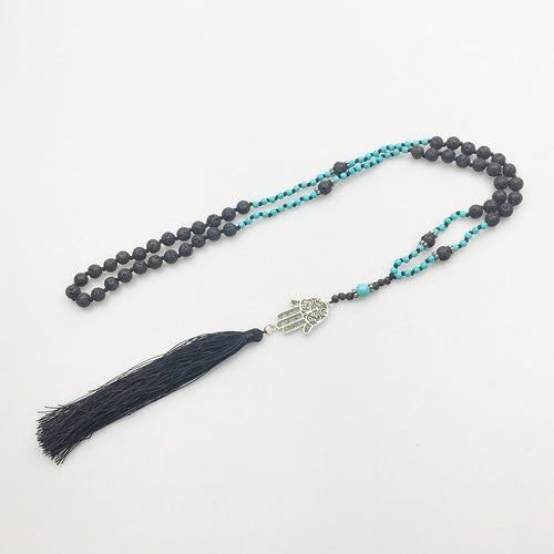 TENERIFE turquoise and lava stone mala necklace, silver Hamsa hand